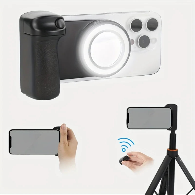 Grip MagSafe Pro con Disparador Bluetooth y Luz LED | Estabilizador para iPhone y Android